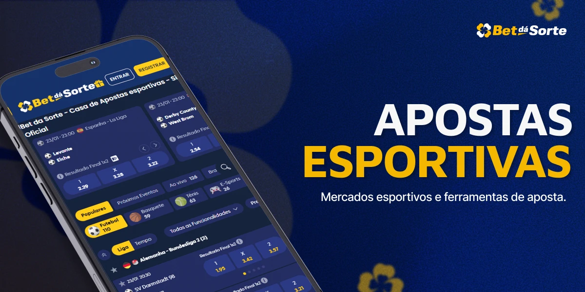 Banner BetDaSorte com smartphone mostrando interface de apostas e texto APOSTAS ESPORTIVAS