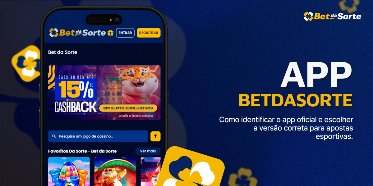 Smartphone exibindo aplicativo BetDaSorte com jogos e promoções, texto APP BETDASORTE