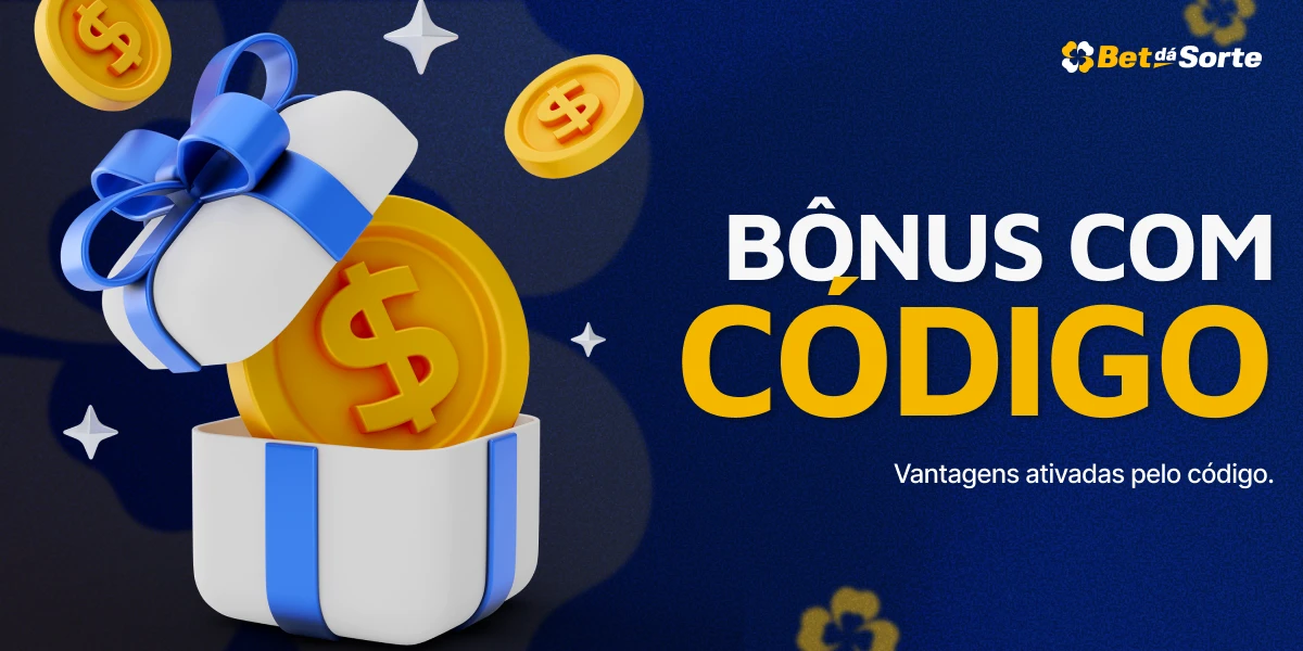 Banner BetDaSorte com caixa de presente, moedas e texto BÔNUS COM CÓDIGO