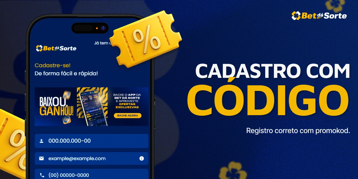 Banner BetDaSorte com smartphone, ticket de desconto e texto CADASTRO COM CÓDIGO