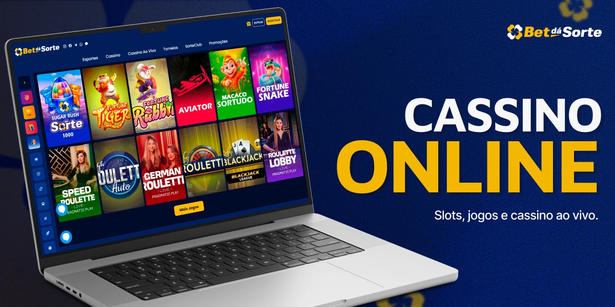 Banner BetDaSorte com notebook exibindo jogos de cassino e texto CASSINO ONLINE