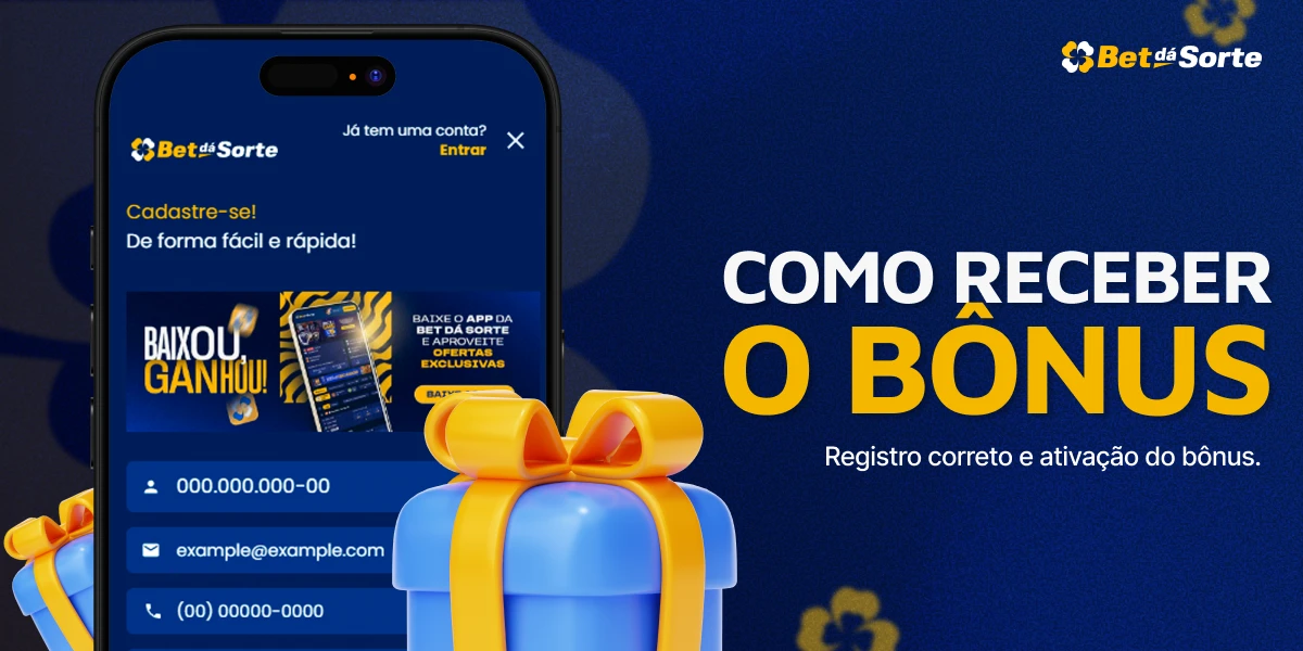 Banner BetDaSorte com smartphone, presente e texto COMO RECEBER O BÔNUS