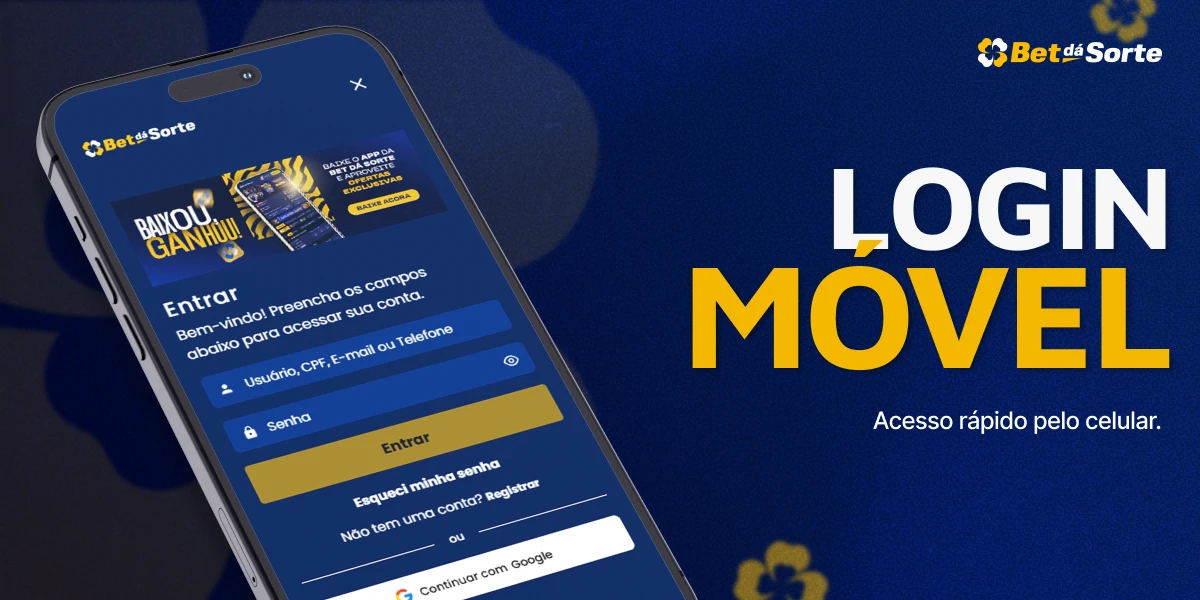 Smartphone com tela de login BetDaSorte e texto LOGIN MÓVEL em destaque