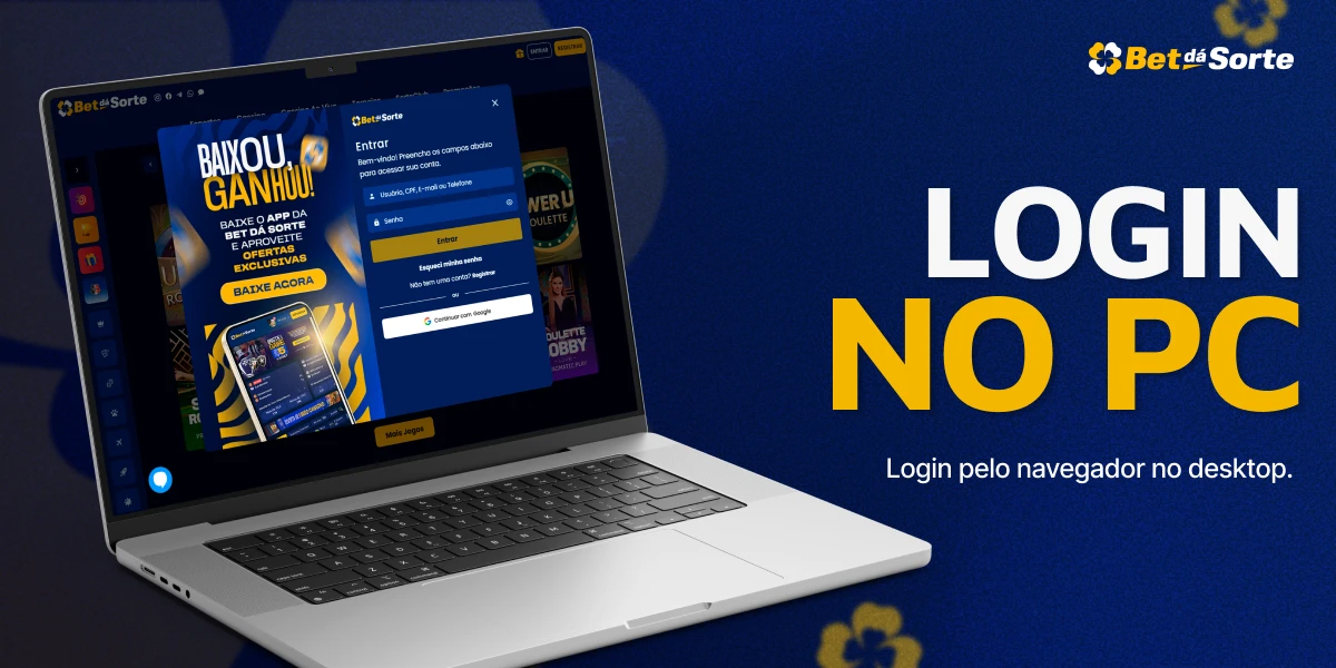 Notebook exibindo página de login BetDaSorte com formulário de acesso e texto LOGIN NO PC