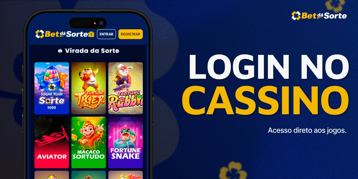 Smartphone exibindo jogos de cassino BetDaSorte e texto LOGIN NO CASSINO