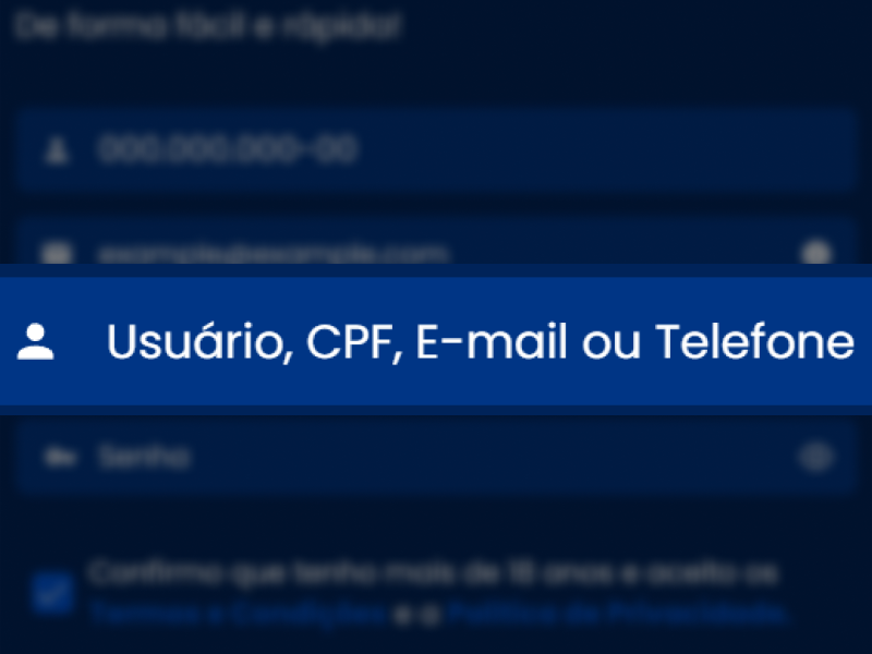 Campo Usuário, CPF, E-mail ou Telefone no cadastro BetDaSorte