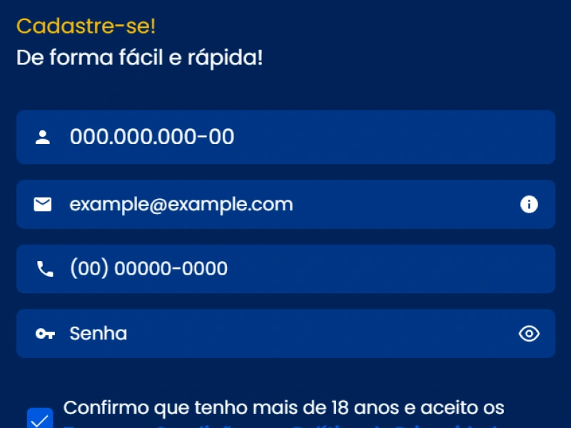 Formulário de cadastro BetDaSorte com campos de e-mail e telefone