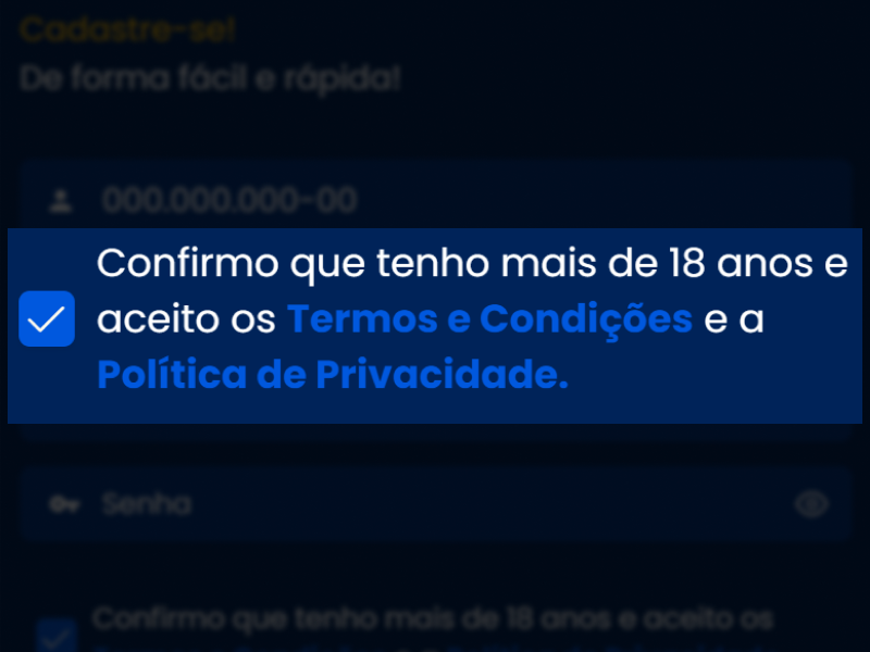 Checkbox de maioridade e aceitação dos termos no BetDaSorte