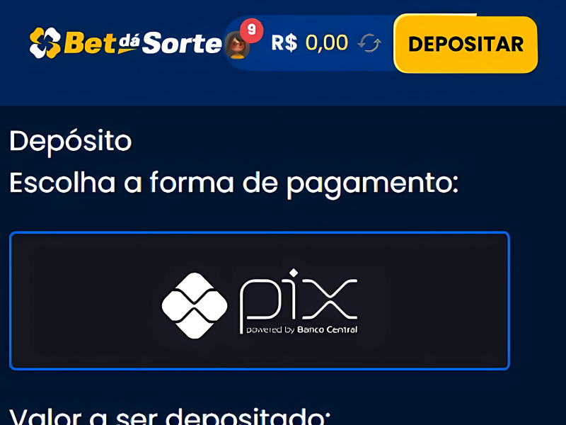 Tela Depósito com escolha da forma de pagamento PIX