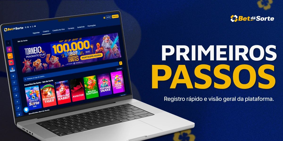 Banner BetDaSorte com notebook exibindo site, texto PRIMEIROS PASSOS em destaque sobre fundo azul