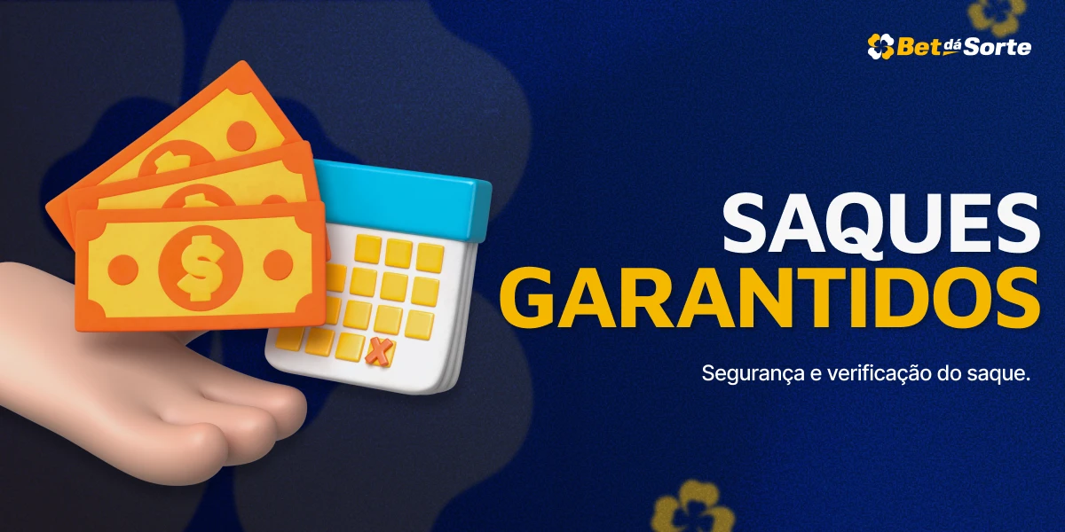 Mão segurando dinheiro e calendário sobre fundo azul com texto SAQUES GARANTIDOS