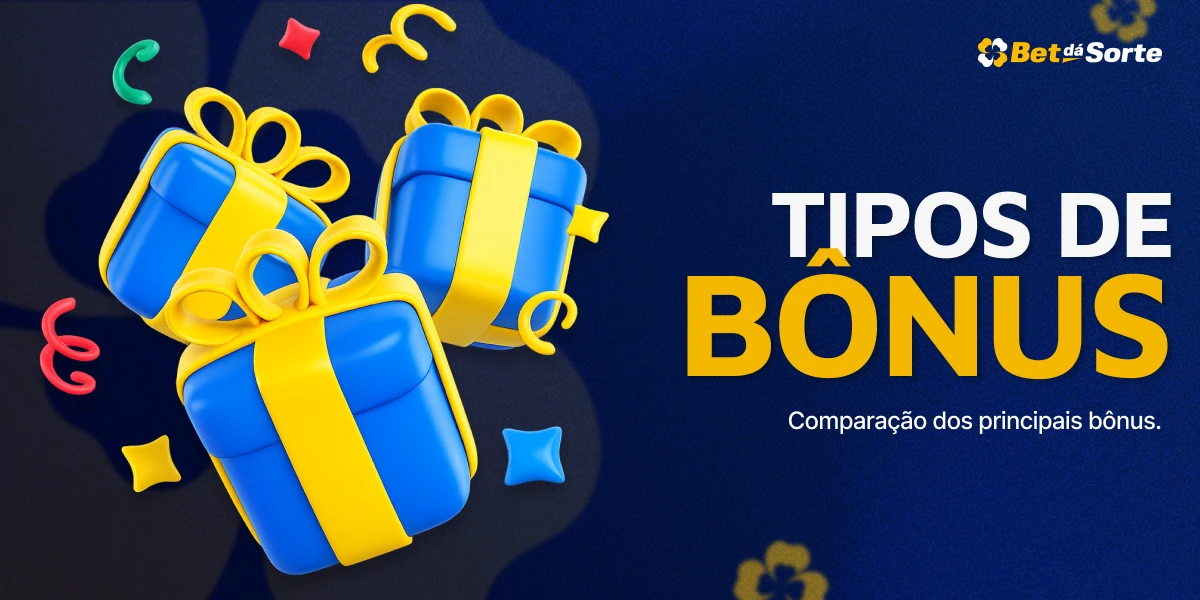 Banner BetDaSorte com ícones de presentes e confetes, texto TIPOS DE BÔNUS