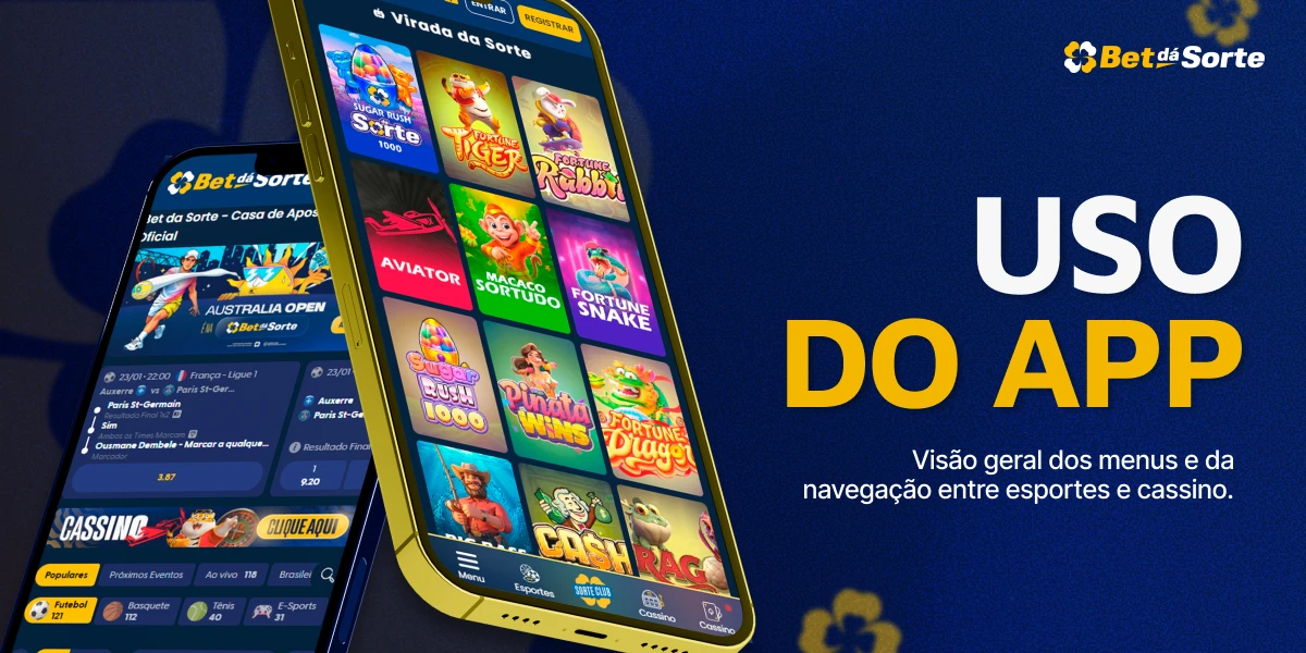 Dois smartphones mostrando navegação no app BetDaSorte e texto USO DO APP