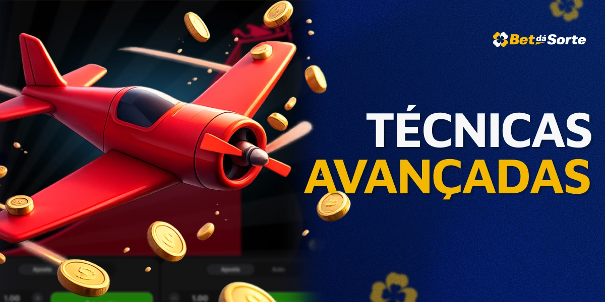 Avião vermelho voando com moedas e texto Técnicas Avançadas Aviator