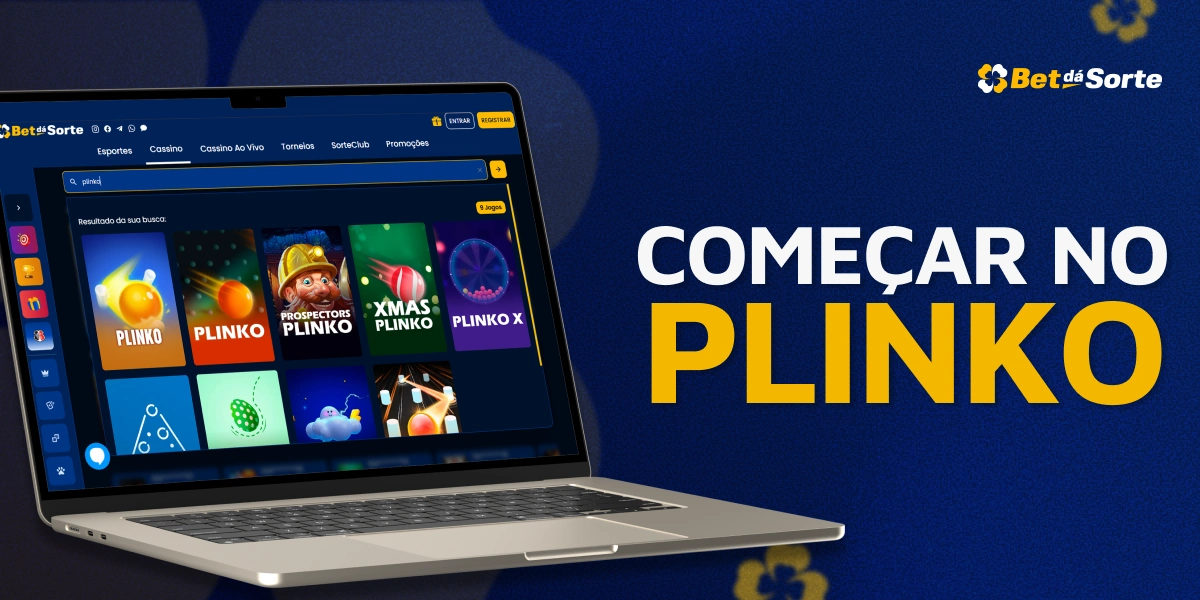 Laptop com site BetDaSorte e banner Começar no Plinko em fundo azul promocional