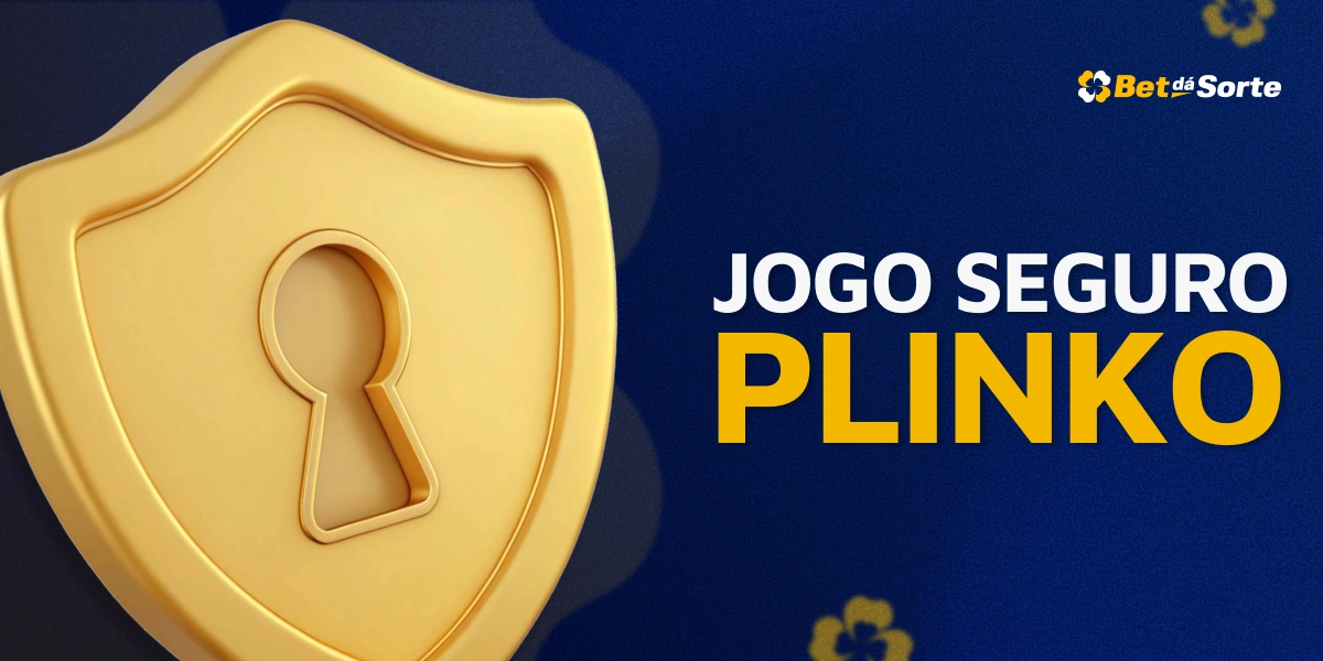 Escudo dourado com fechadura e texto Jogo Seguro Plinko BetDaSorte
