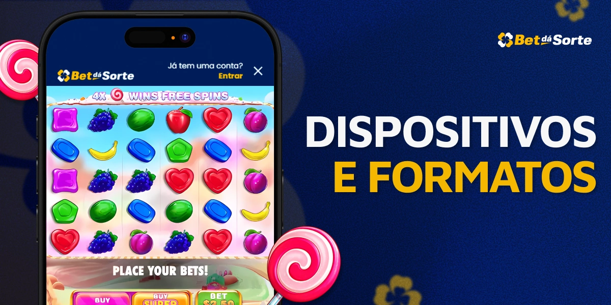Smartphone exibindo Sweet Bonanza e texto Dispositivos e Formatos