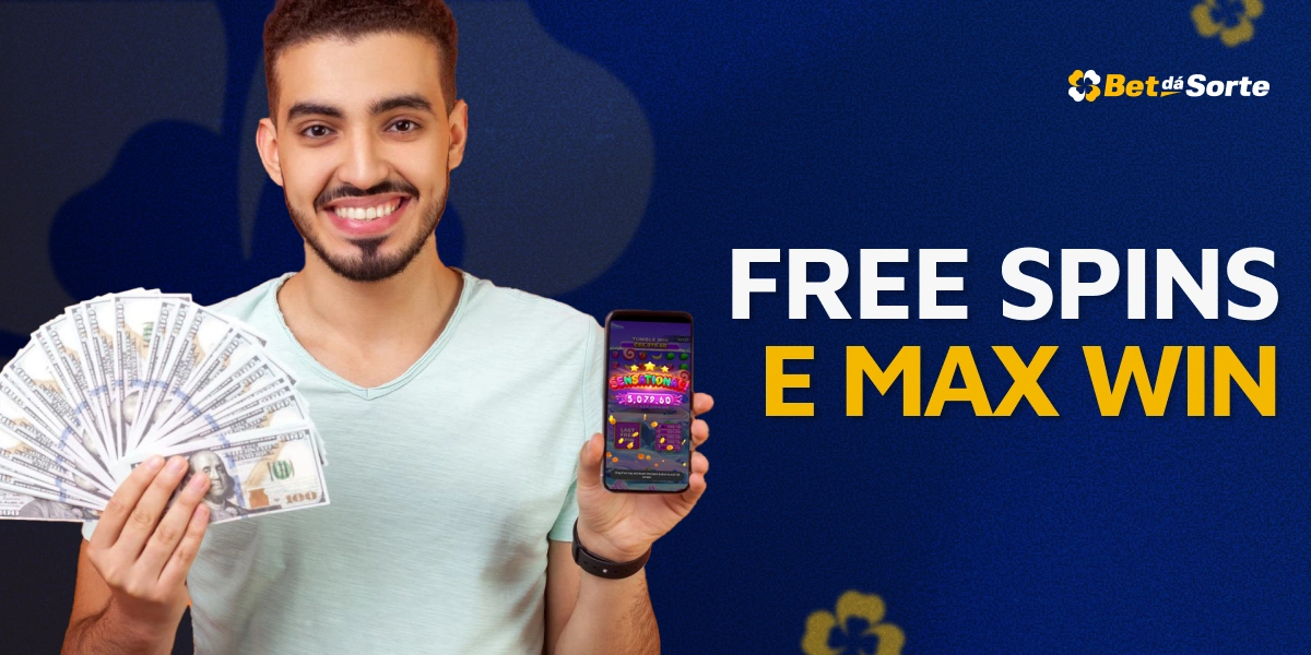 Homem sorrindo com dinheiro e celular Free Spins e Max Win BetDaSorte