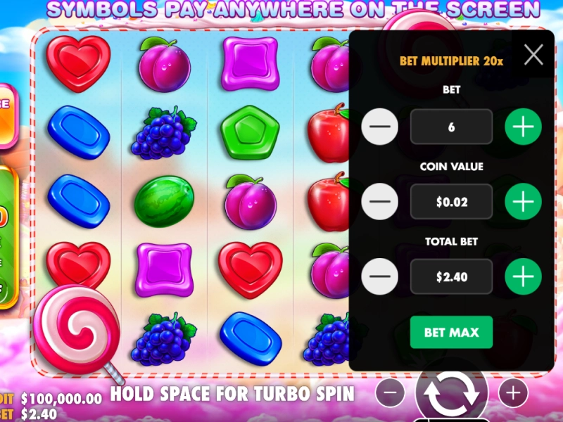 Interface Sweet Bonanza mostrando painel de aposta e saldo do jogador