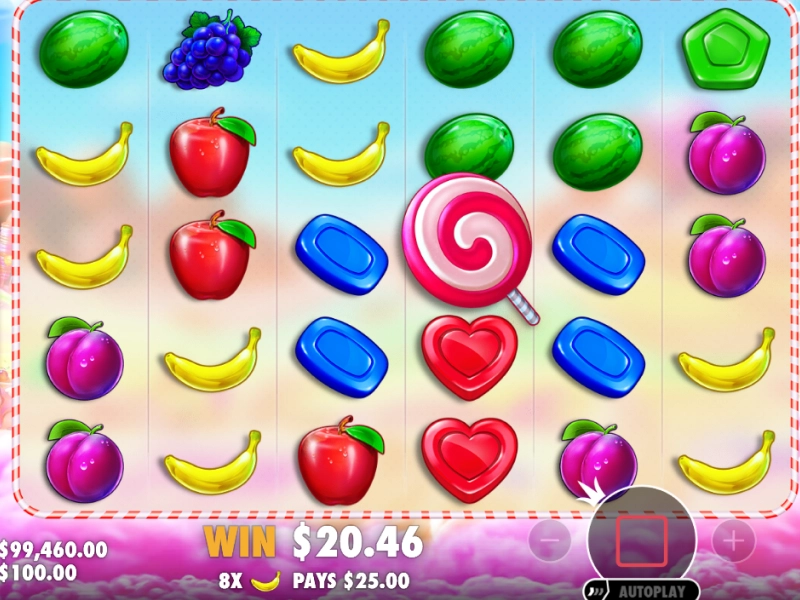 Vitória no Sweet Bonanza com combinação de frutas e valor ganho exibido