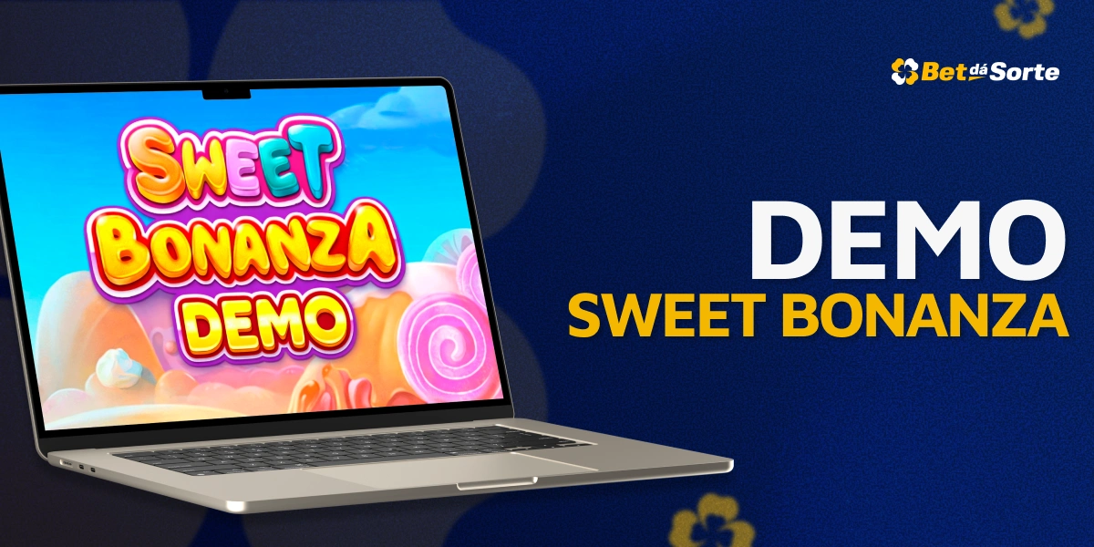 Notebook com tela Sweet Bonanza Demo em destaque BetDaSorte