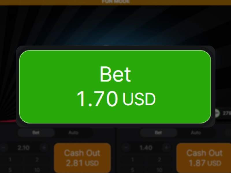 Interface do Aviator com botão Bet 1.70 USD antes da decolagem