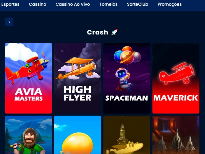 Tela inicial do cassino BetDaSorte com jogos Crash como Aviator, High Flyer e Spaceman